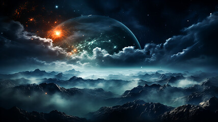 Obraz premium Space scene with stars, planets and asteroids in the galaxy. Panorama. Abstract Universe filled with stars, planets, asteroids, nebula and galaxy. Generative AI technology.