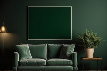picture frame in dark green room interior with green velvet sofa Mock up Mockup | Generative AI