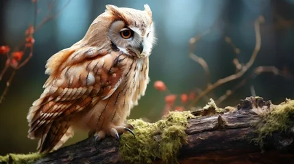 Deurstickers Pensive owl perched on a weathered, old branch  © Halim Karya Art