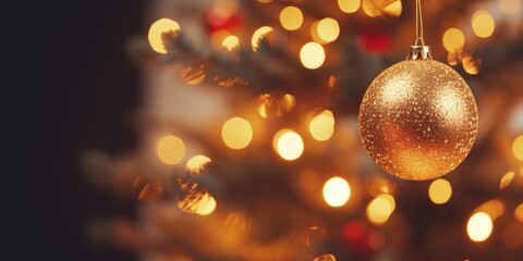 Obraz premium Festive Christmas decorative balls hanging. Merry Christmas and Happy New Year. Festive bright beautiful background.