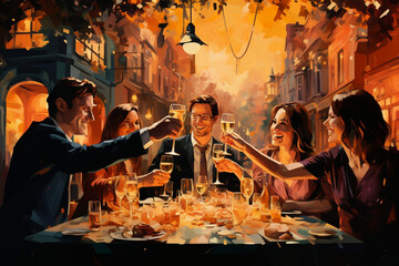 Cheers to Friendship, Celebratory Toast at a Festive Dinner Table