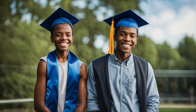 Happy Afroamerican student in blue graduation cap - handsome young man, bokeh nature background, graduation success