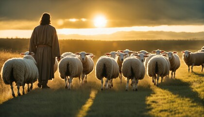 Bright sunlight shines on shepherd Jesus Christ leading sheep and praying to God in a field - obrazy, fototapety, plakaty