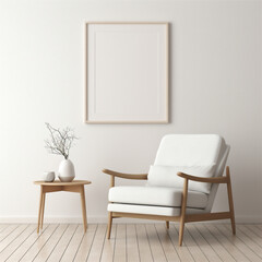 Poster Frame Mockup, White Framed Poster on a Wall in a Clean Minimal Modern Living Room, Generative AI