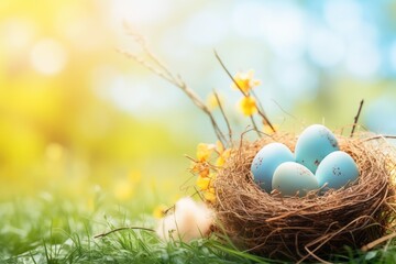Fototapeta na wymiar Nest with easter eggs in grass on a sunny spring day