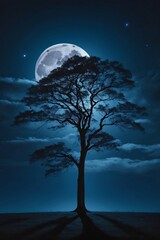 A midnight sky filled with a dark blue hue, illuminated by a full moon and a single, tall tree silhouetted against it. - obrazy, fototapety, plakaty