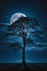 Papier Peint photo autocollant Pleine lune A midnight sky filled with a dark blue hue, illuminated by a full moon and a single, tall tree silhouetted against it.