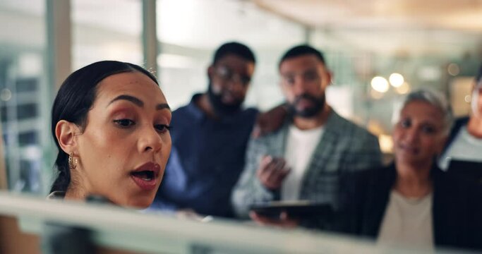 Business woman, presentation and leader talking at board in an office for training, meeting or ideas. Men and women team with strategy, planning or pitch while brainstorming, laughing and discussion