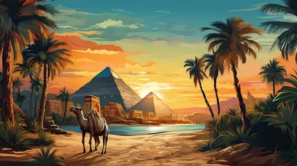 Foto op Plexiglas Flat egypt travel colorful template with pyramids camels sphinx palm trees ankh cross sarcophagus egyptian cat © MUCHIB
