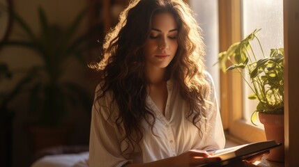 A woman is relaxing at home by reading in her free time.   