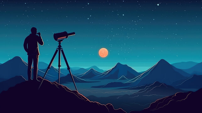 Telescope for science discovery, study astronomy, watching stars and planets in outer space. Vector cartoon landscape with telescope with tripod and backpack on hill, mountains and night starry sky.