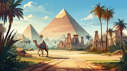 Flat egypt travel colorful template with pyramids camels sphinx palm trees ankh cross sarcophagus egyptian cat - obrazy, fototapety, plakaty