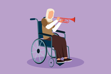Character flat drawing pretty Arab female in wheelchair playing trumpet during music lesson. Physically disabled. Person in hospital. Rehabilitation center patient. Cartoon design vector illustration