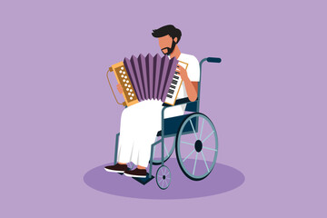 Graphic flat design drawing disabled Arabian man in wheelchair playing accordion music. Physically disabled. Person in hospital event. Rehabilitation center patient. Cartoon style vector illustration