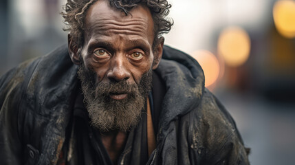 Black homeless garbage collector walking down the city street looking at the camera.