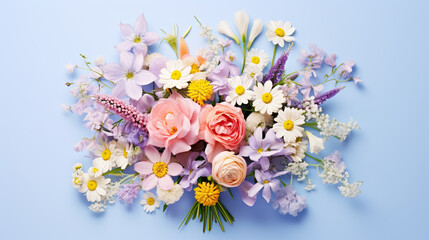 Bouquet of beautiful spring flowers on pastel blue table top view. 