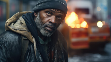 Fototapeta premium Black homeless garbage collector walking down the city street looking at the camera.