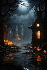 Halloween spooky background, scary pumpkins in old big creepy Happy Haloween ghosts horror house evil haunted castle scene. Creepy dark gothic mysterious night dark backdrop concept.