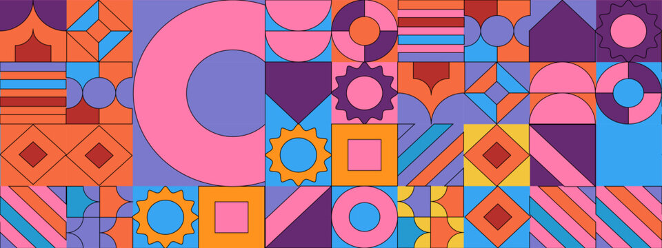 Abstract Geometric Pattern Artwork. Retro colors and color background. Grid with colored geometric shapes. Modern abstract promotional flyer, background, brochure, pattern.