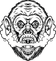 Roaring primate monkey head cannabis smoke puff illustration monochrome vector illustrations for your work logo, merchandise t-shirt, stickers and label designs, poster, greeting cards advertising