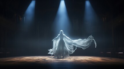 Ghost ballerina dance on old theater stage at night. cartoon illustration of dead woman spirit in abandoned dark opera