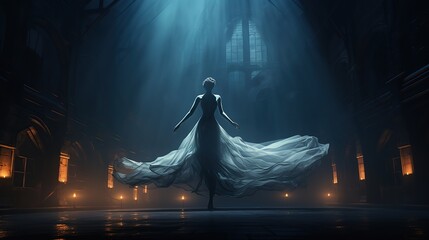 Ghost ballerina dance on old theater stage at night. cartoon illustration of dead woman spirit in abandoned dark opera - obrazy, fototapety, plakaty