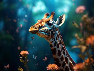 Giraffe closeup eating leaves with butterflies around its head. Giraffe gently grazes in enchanting scene with the coexistence of animals.