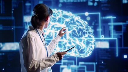 Focused technician in data center using artificial intelligence computing simulating human brain thought processes. Server room employee works on tablet with AI machine learning algorithms - Powered by Adobe