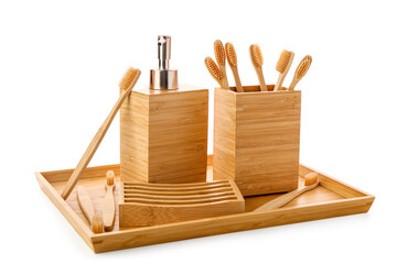 Set of stylish bath accessories on white background