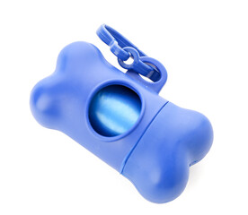 Blue dispenser with pet waste bags on white background