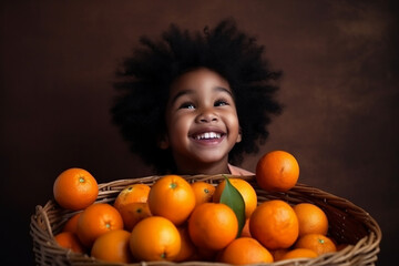 Fototapeta na wymiar Happy afro-american child with falling Christmas oranges. Generative AI