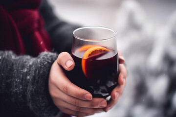 Hands in warm clothing holding a cup of mulled wine, closeup. Generative AI