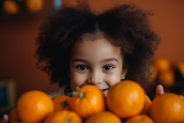Fototapeta na wymiar Happy afro-american girl with Christmas oranges, closeup. Generative AI