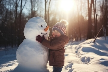 Little child hugging a snowman in winter outdoors. Generative AI