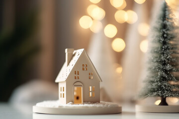 Mini ceramic decorative house and Christmas tree on an interior shelf. Generative AI