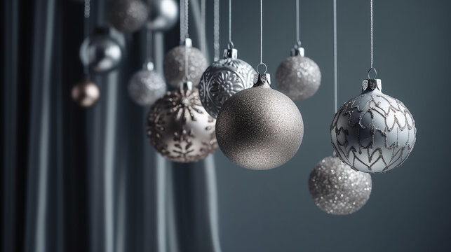 Silver hanging Christmas decorative balls on the grey background, copyspace. Generative AI