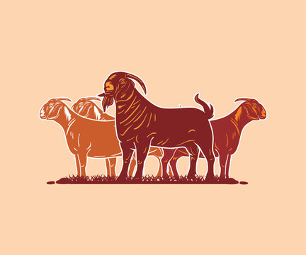RED KALAHARI COUPLE GOATS LOGO, ailhouette of great ram tanding in farm, vector illustrations.