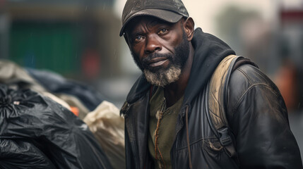 Fototapeta premium Black homeless garbage collector walking down the city street looking at the camera.