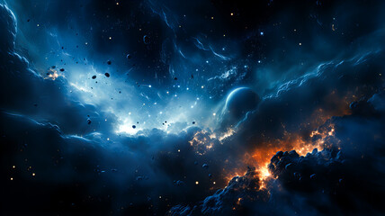 Obraz premium Space scene with stars, planets and asteroids in the galaxy. Panorama. Universe filled with stars, planets, asteroids, nebula and galaxy. Cosmic dust and fog. Generative AI technology.