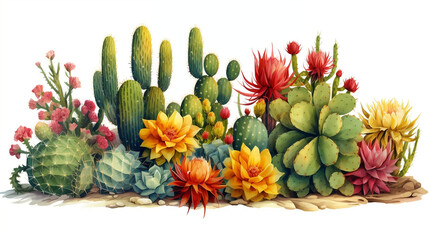 Watercolor Desert Cacti, Vibrant and Isolated Floral Illustrations for Design Layouts