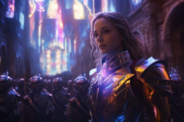 Neon-Lit Valor: Traditional Armor Meets Future Path in Courtyard Scene
