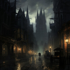 Obraz premium Victorian city with fog and night