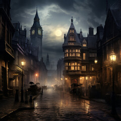 Obraz premium Victorian city with fog and night