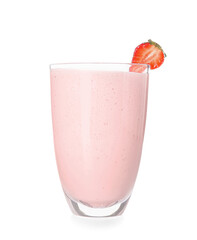 Glass of tasty strawberry smoothie isolated on white background