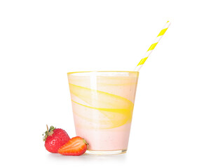 Glass of tasty strawberry smoothie isolated on white background