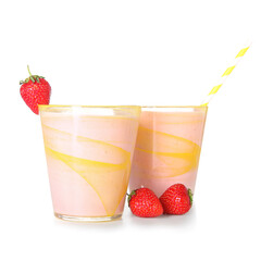 Glasses of tasty strawberry smoothie isolated on white background