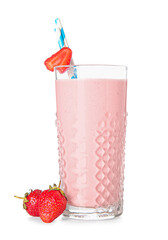 Glass of tasty strawberry smoothie isolated on white background