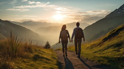 A man and a woman walking down a path in the mountains. Generative AI.
