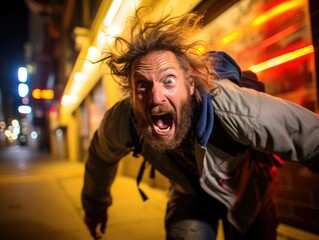 Obraz premium A man with a backpack on a city street. Generative AI.