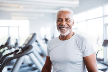 Fototapeta na wymiar senior old man happy expression in a gym. fitness teacher concept